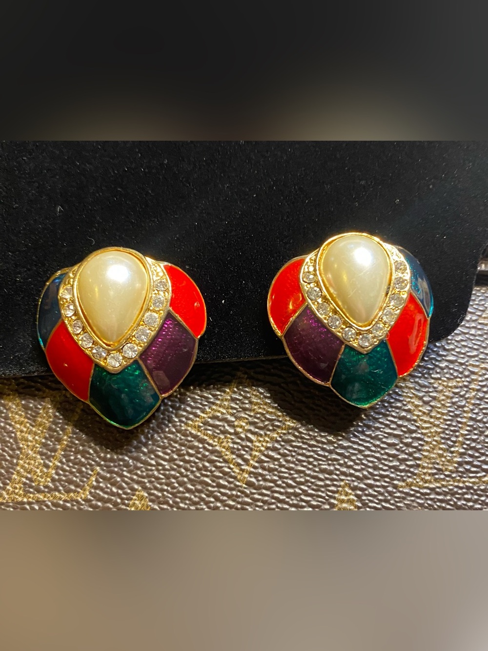Vintage 80s Jewel Tone Enamel Faux Pearl Statement Runway Clip On Earrings Glam